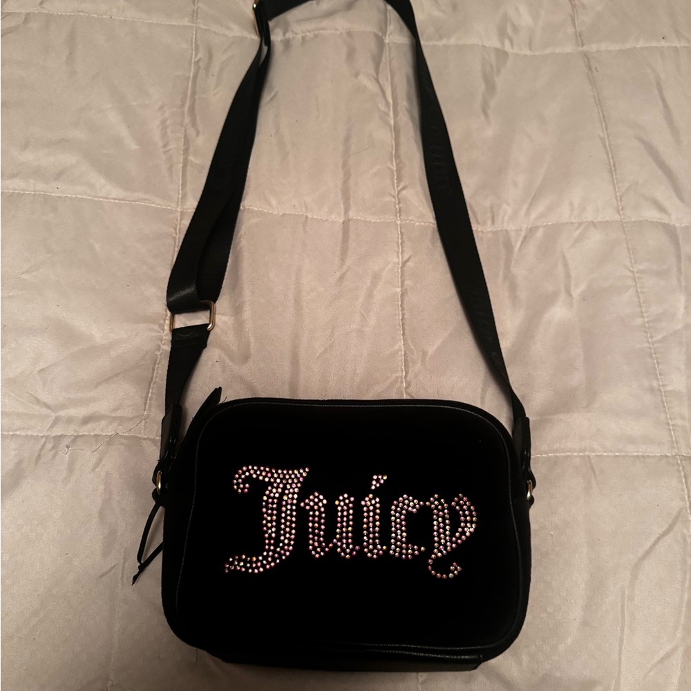 Juicy Couture Black Velvet Crossbody Bag with Logo Crystal Accent